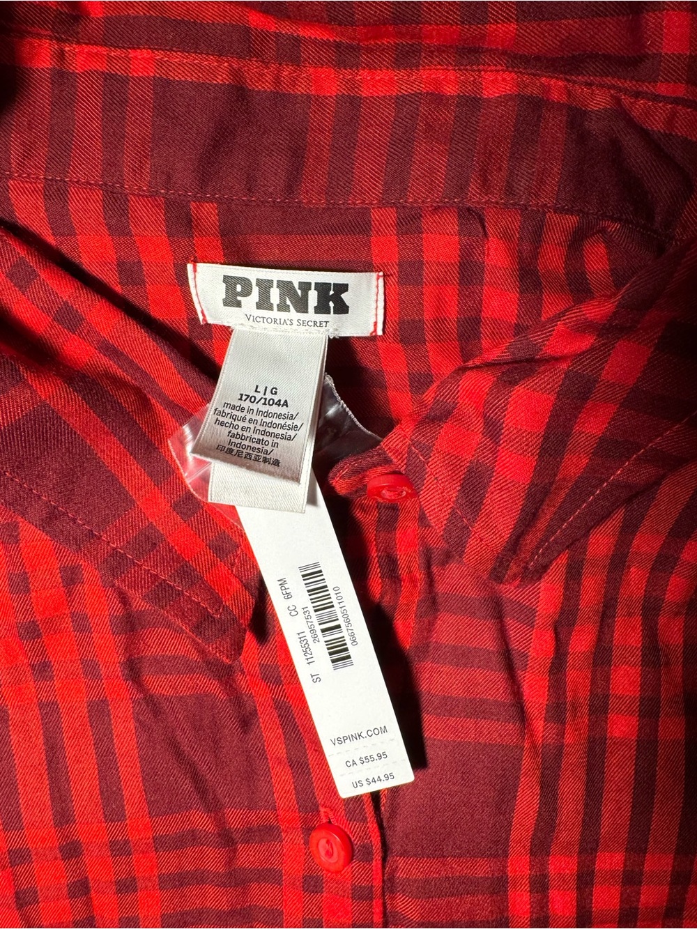 PINK Victoria's Secret Red and Dark Red Plaid Button-Down Shirt Gown